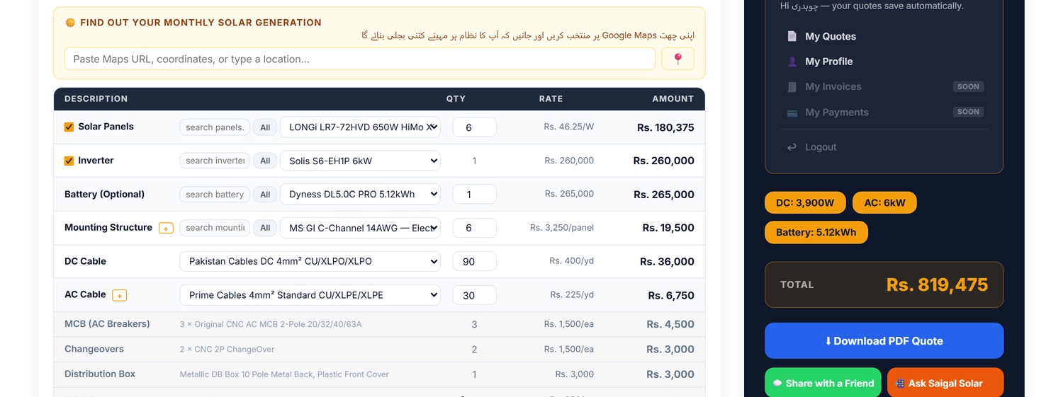 سولر سسٹم کی مکمل itemised فہرست — پینل، انورٹر، بیٹری، mounting، cable، MCBs، connectors ہر ایک قیمت کے ساتھ