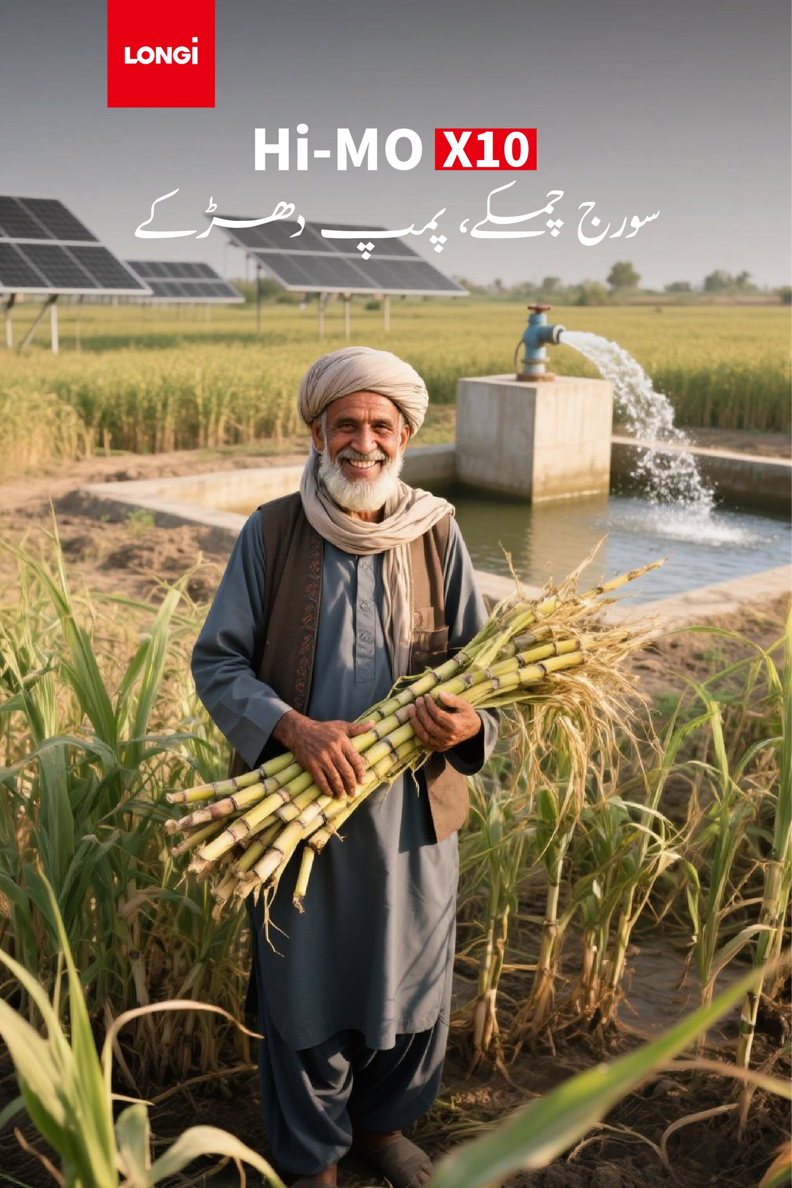 LONGi سولر ٹیوب ویل — گنے کا کھیت